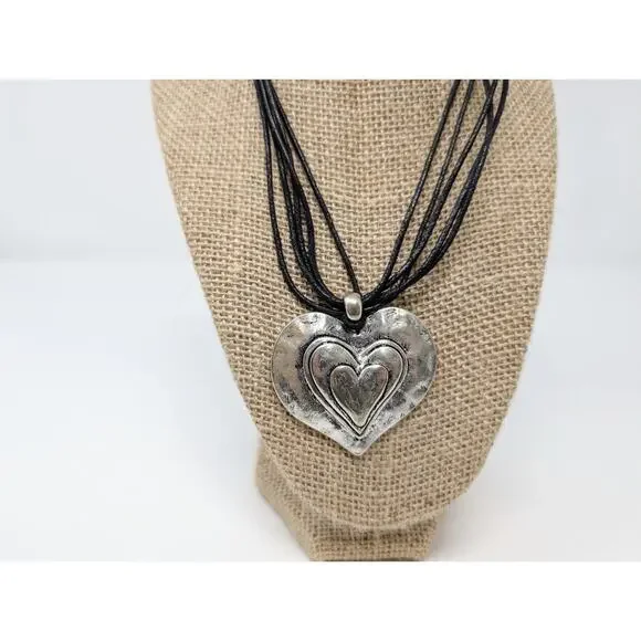 Silver Tone Layered Heart Necklace Earrings Set Multi-Strand Clip On Boho - Picture 9 of 13